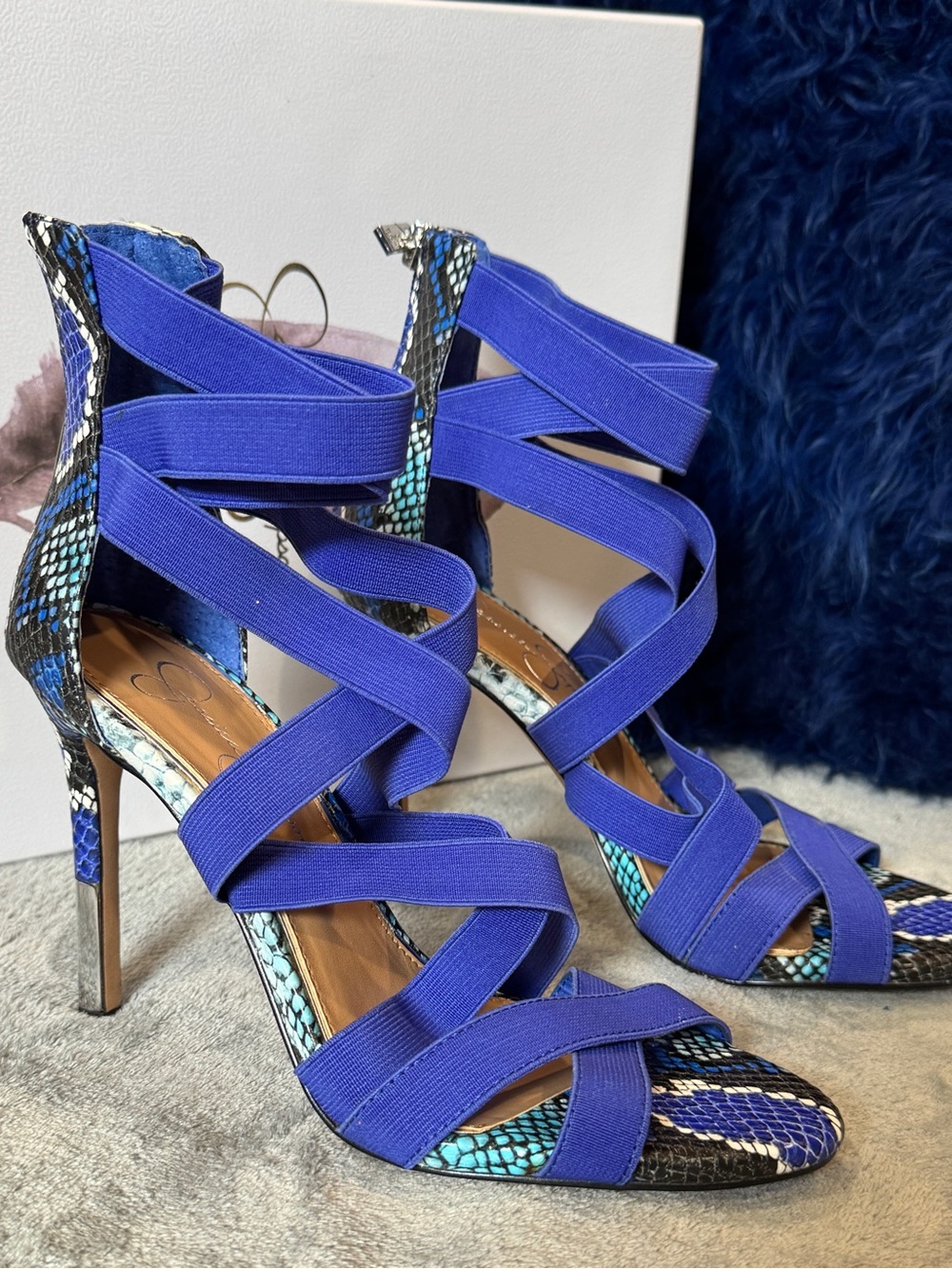 Jessica Simpson Royal Blue Strappy High Heel Sandals with Snakeskin Trim